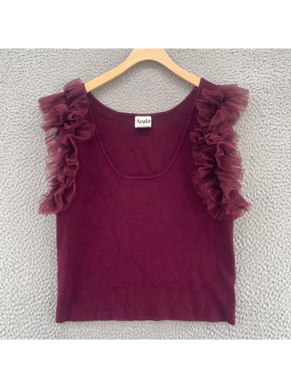 Arula Top Womens A US 16 Burgundy Knit Stretch Ruffled Tulle Scoop Neck Cropped